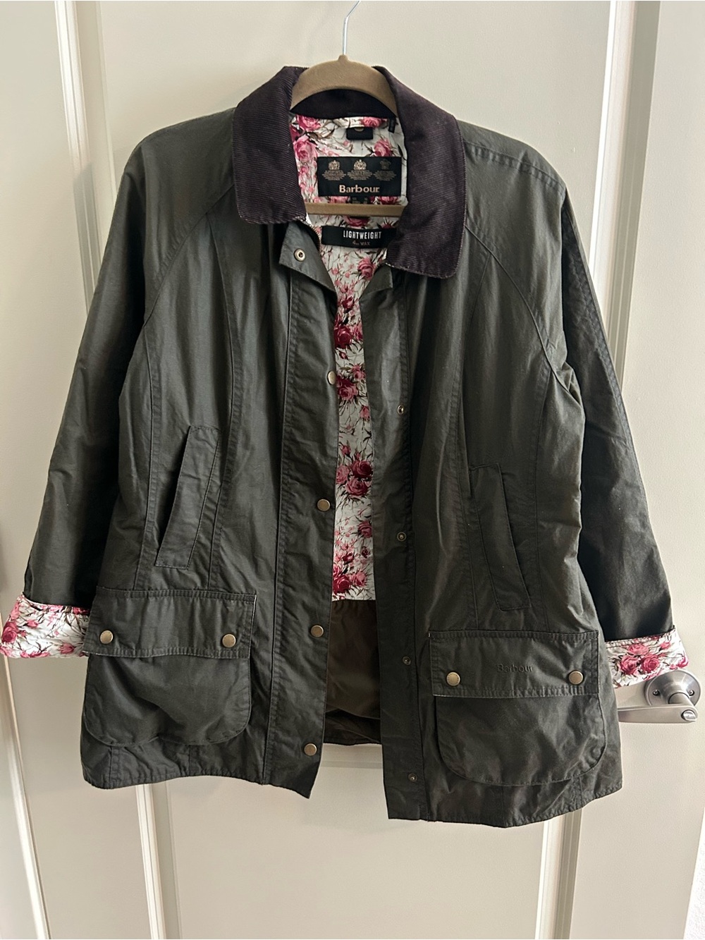 Rare! EUC Barbour Size 10 US Violet Wax Beadnell Jacket Olive Green Floral Barn